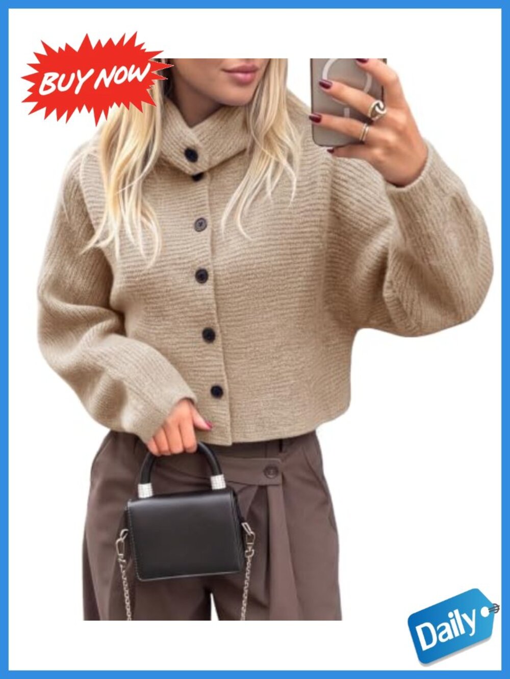 Women's Cropped Mock Neck Button Down Cardigan Sweater Lantern Sleeve Knit